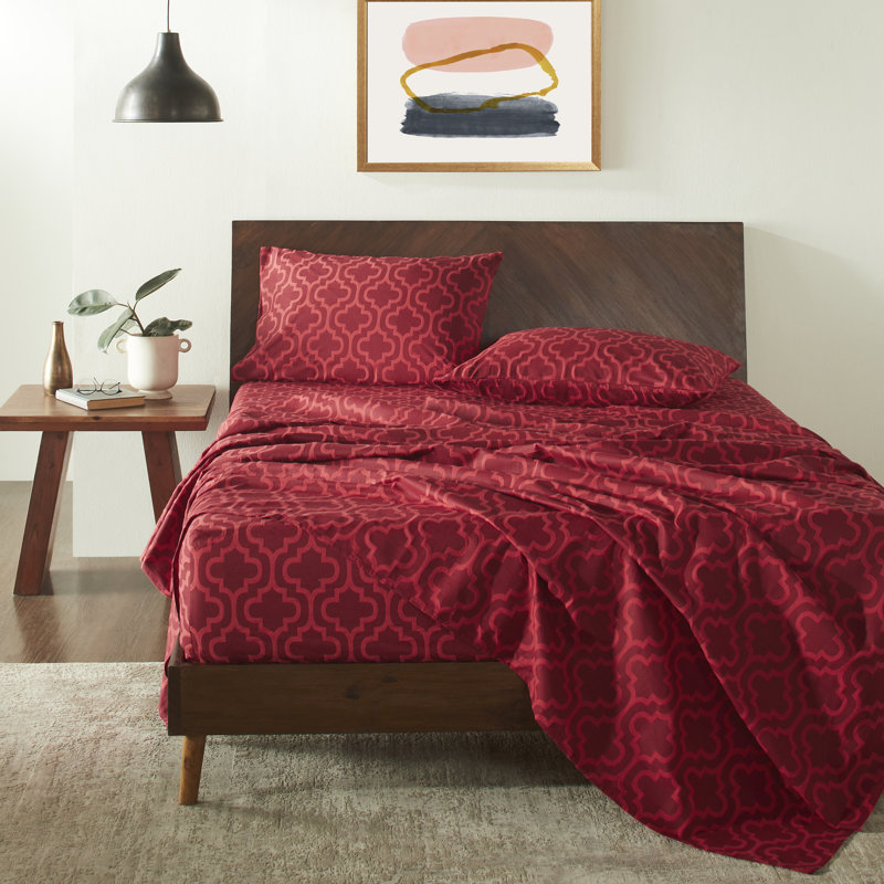 Ensemble de draps en 100% flanelle de coton Scotchis, Ensemble de draps pour très grand lit + drap-hous, Trellis bourgogne