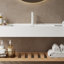 Lede 48" Bathroom Vanity , Wall-mounted Floating White Rectangular Engineered Stone Basin Without Faucet, Striped Shelves Layer, Nature Oak