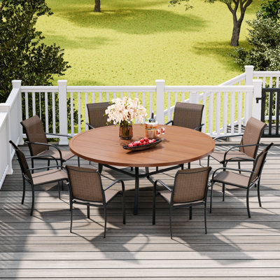 Patio Dining Set with 60" Round Metal Dining Table and 8 Stackable PVC-coated polyester Chairs
