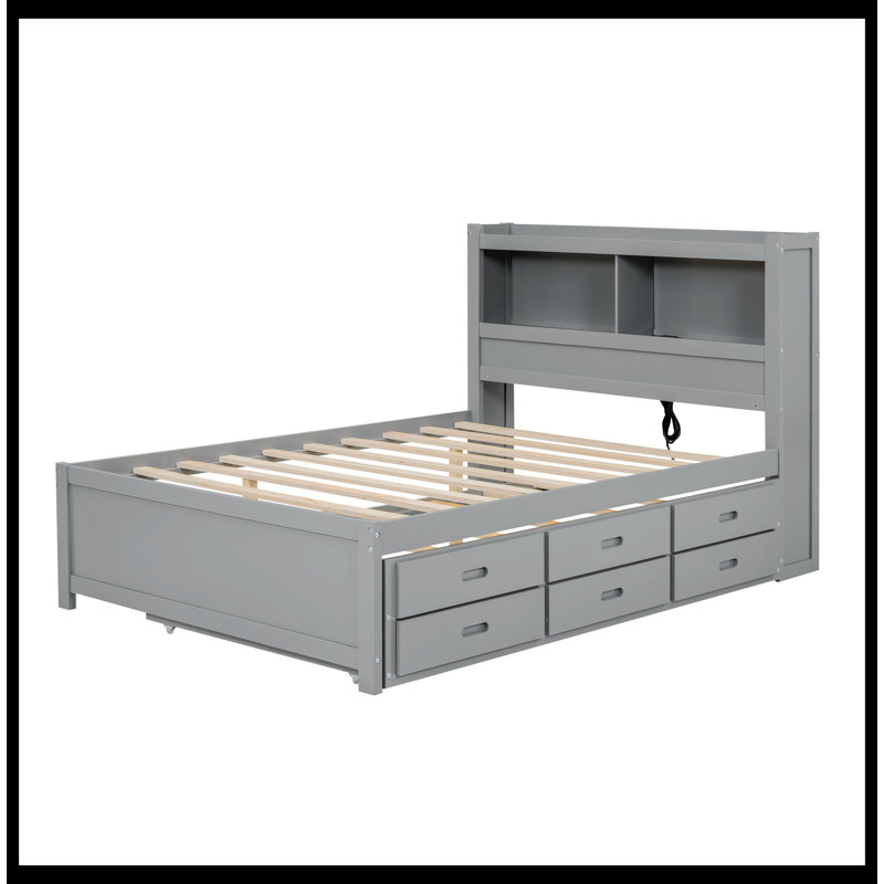 Lit bibliothèque avec couchette, tiroirs et prises USB Margrid, Gris