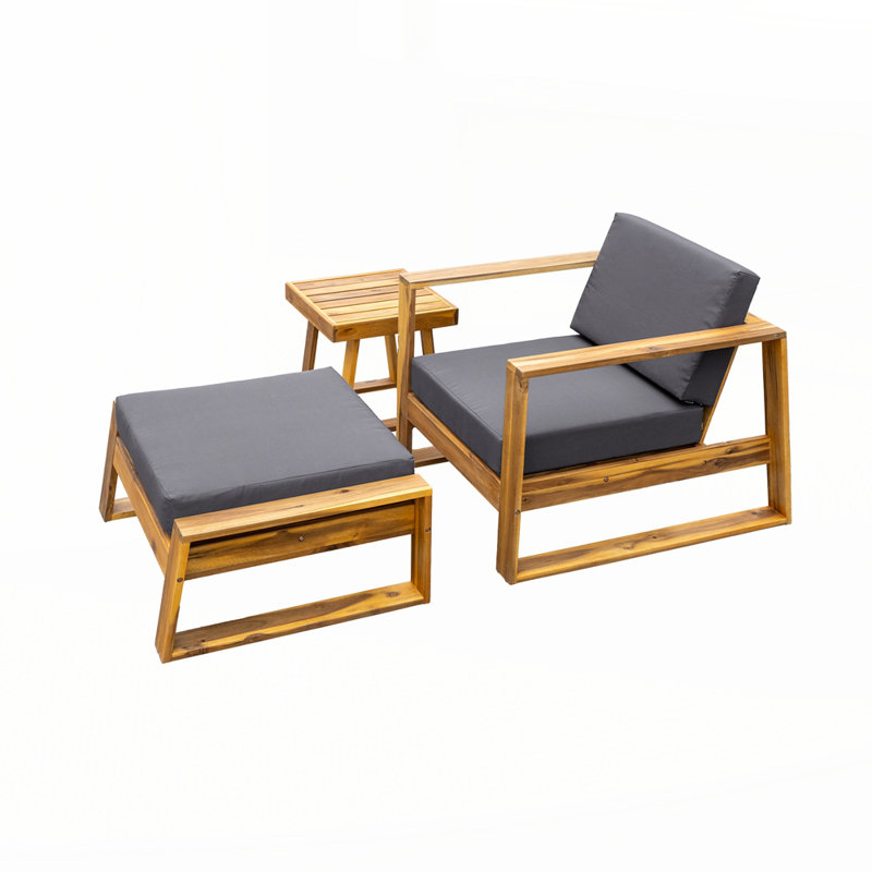 Acacia Wood Outdoor Lounge Set - Chair and Ottoman with Removable Cushions, Grey