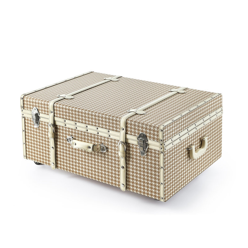 Preppy Houndstooth Designer Trunk with Wheels, Light Brown