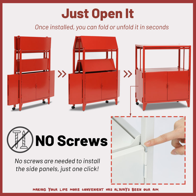 Accent 23.6’’ Wide  Foldable Metal Double Layer Cabinet with  Wheels Easy Assemble end table, Red