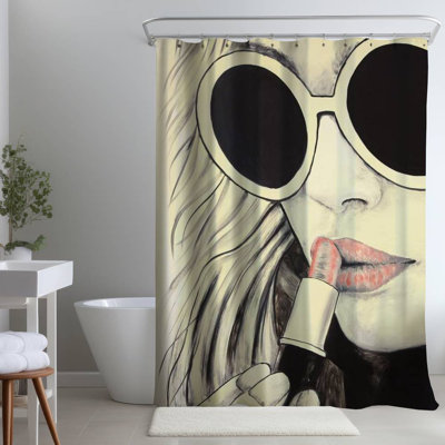 Pink Lips – Modern Figurative Home – Polyester Shower Curtain, Dye Sublimation Print, 71" W × 74" L