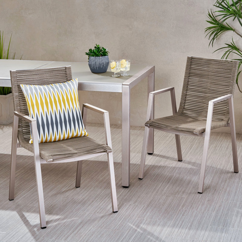 Chaises de salle à manger modernes en aluminium argenté avec siège tressé en corde taupe