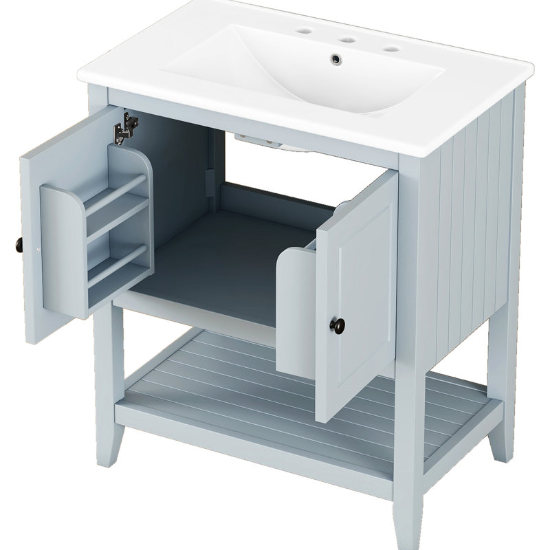 Meuble-lavabo moderne de 30 po en gris, lavabo en céramique, bois massif, beaucoup de rangement gris 30 po, flair avec du bois et de nombreuses armoires