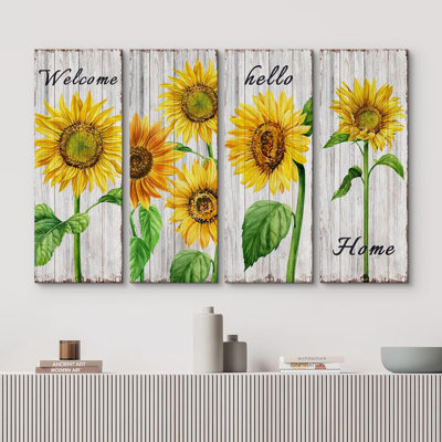 Sunflower " Spring Summer Sunflower Nature Botanical Print Floral Rustic " 4 - Pieces