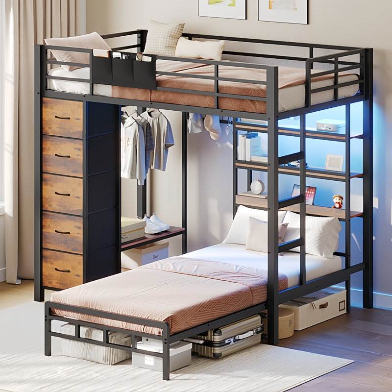 L-Shaped Bunk Bed with Storage Hall Tree and 3-Tier Bookshelf Headboard - Metal Platform Loft bunk bed, Black + Brown