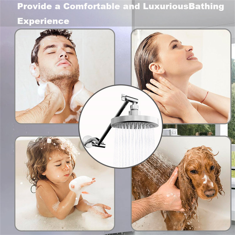Round Rainfall Shower Head With Adjustable Extension Arm - High Pressure Performance, 1-Min Easy Install (11" Arm) (Fixed Shower Mount Sold Separately)