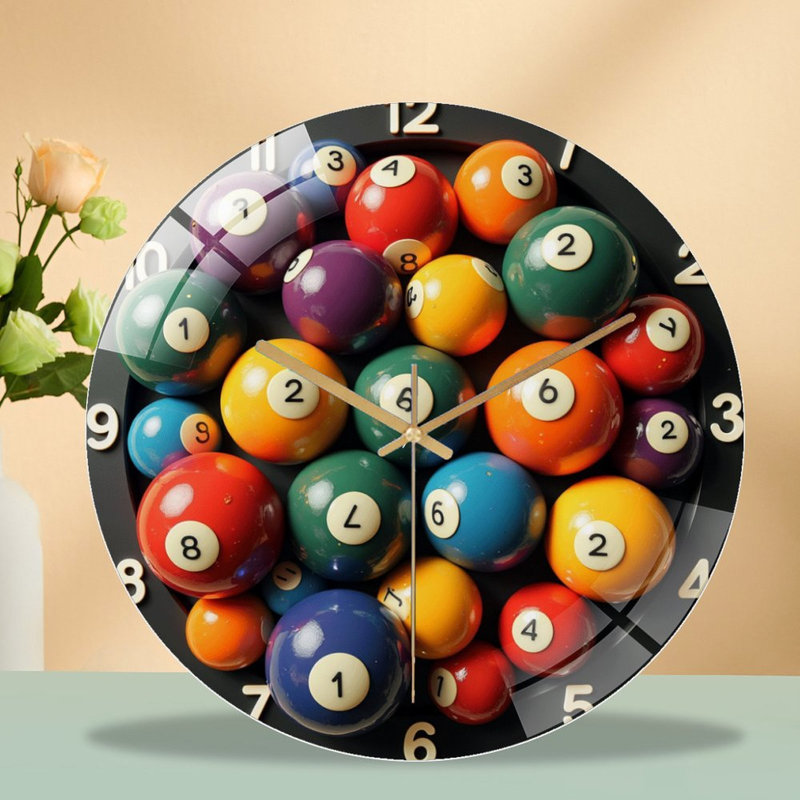 Jeu de boules de billard coloré pour adultes - horloge murale moderne en verre 12 po