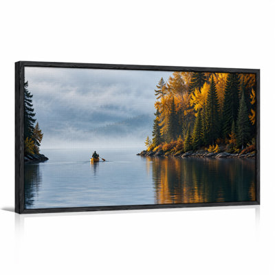 Yellow Canoe on Misty Lake with Golden Autumn Trees Canvas Wall Art