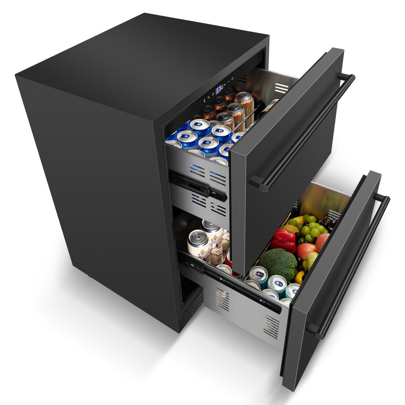 24 Inch Beverage Refrigerator 230 Can Capacity, Dual Drawer Built-in Drink Fridge, Front Vent Under Counter Beer & Soda Cooler, Black Stainless Steel