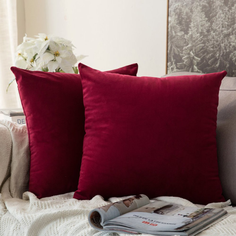 Housse de coussin en velours uni, Rouge, H 20 po x l 20 po