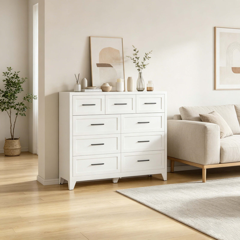 Commode blanche à 9 tiroirs, grande commode avec tiroirs coulissants pour la chambre à coucher, le salon et le vestibule