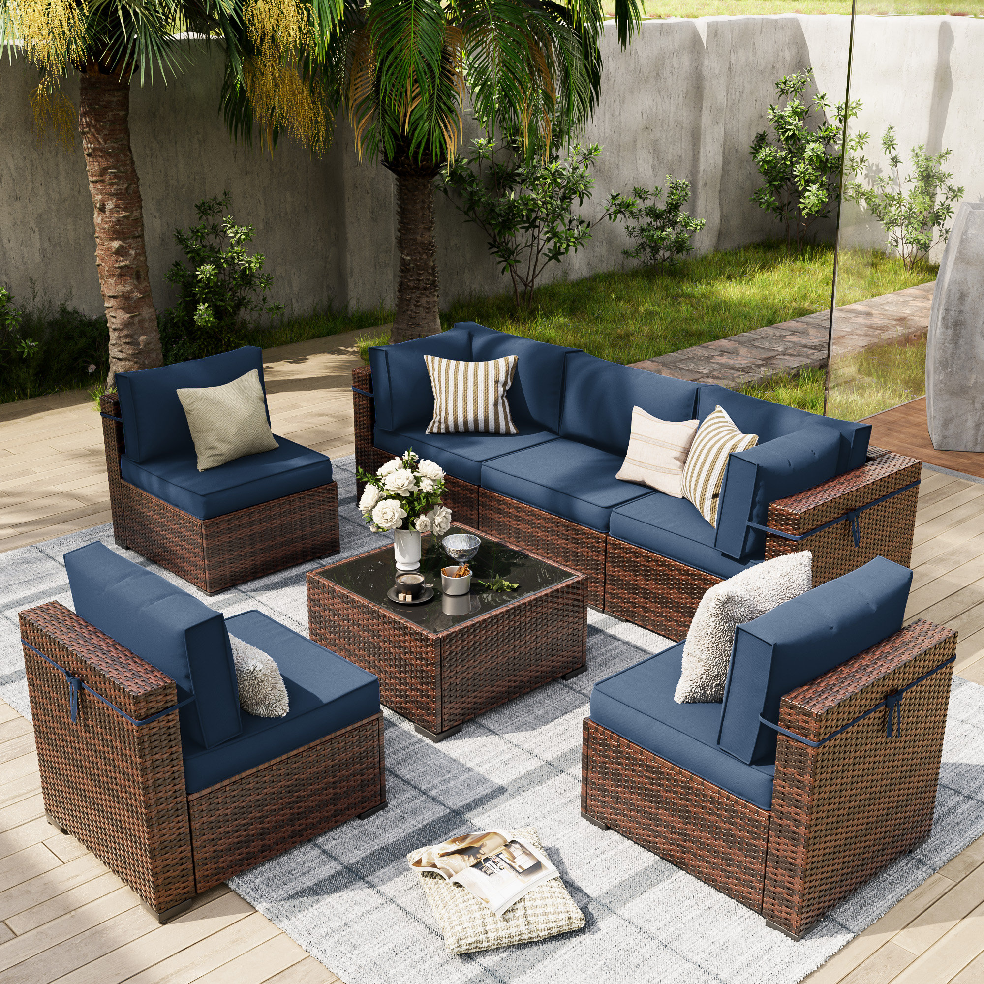 Latitude Run® Keyala 7 Piece Rattan Sectional Seating Group with Cushions & Reviews | Wayfair