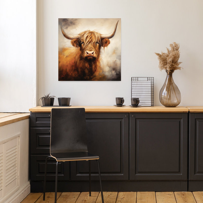 Art contemporain rustique avec vache Highland, H 18 po x l 18 po