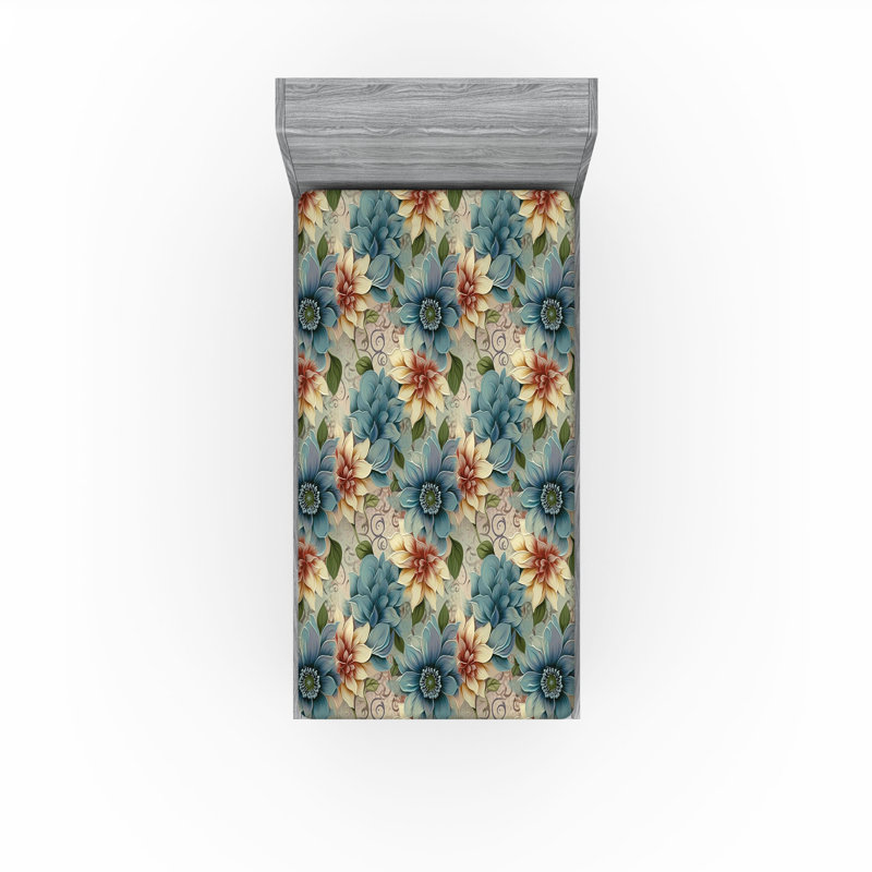 Drap-housse rustique Ambesonne, Drap-housse simple TG, Bleu sarcelle pâle, crème, rubis pâle / floral
