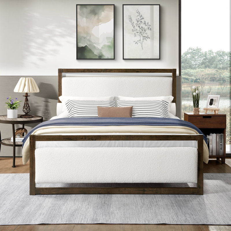 Juniper Solid Wood Boucle Bed, King, White/Dark Walnut