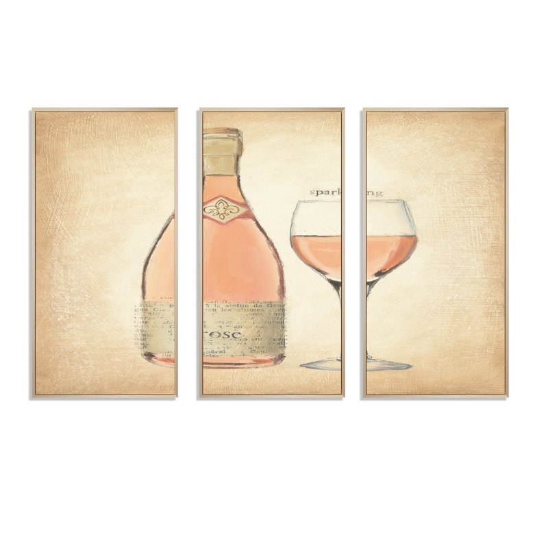 Glam Sparkling Rose Wine - 3 pièces, reproduction sur toile, L 36 po x H 20 po, Cadre brun