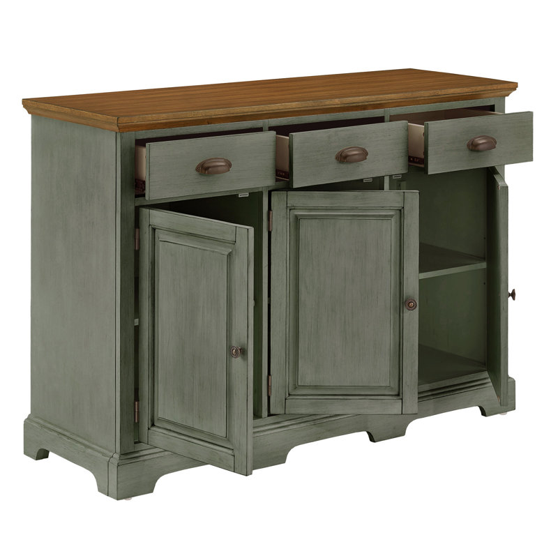 Buffet bas en bois d'hévéa à 3 tiroirs de 52 po de largeur, Sauge antique