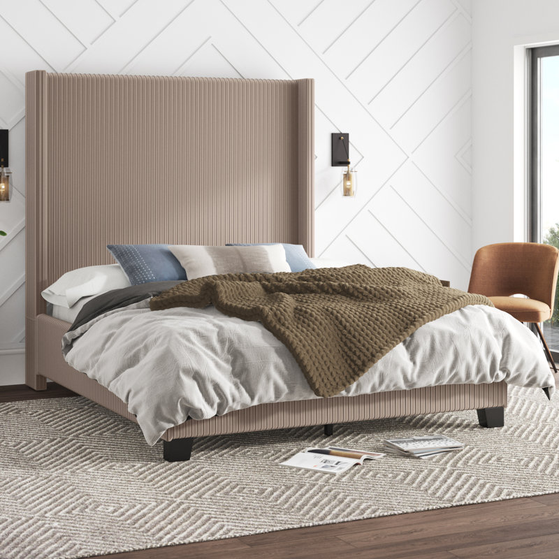 Solon Upholstered Wingback Bed, Queen, Light Dove Gray