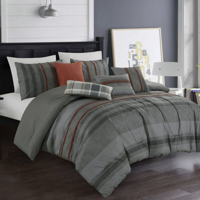 Ensemble d'édredon à imprimé brodé 7 pièces à rayures grises et rouille, literie en microfibre de polyester avec 1 édredon, 2 taies décoratives et 4 coussins décoratifs