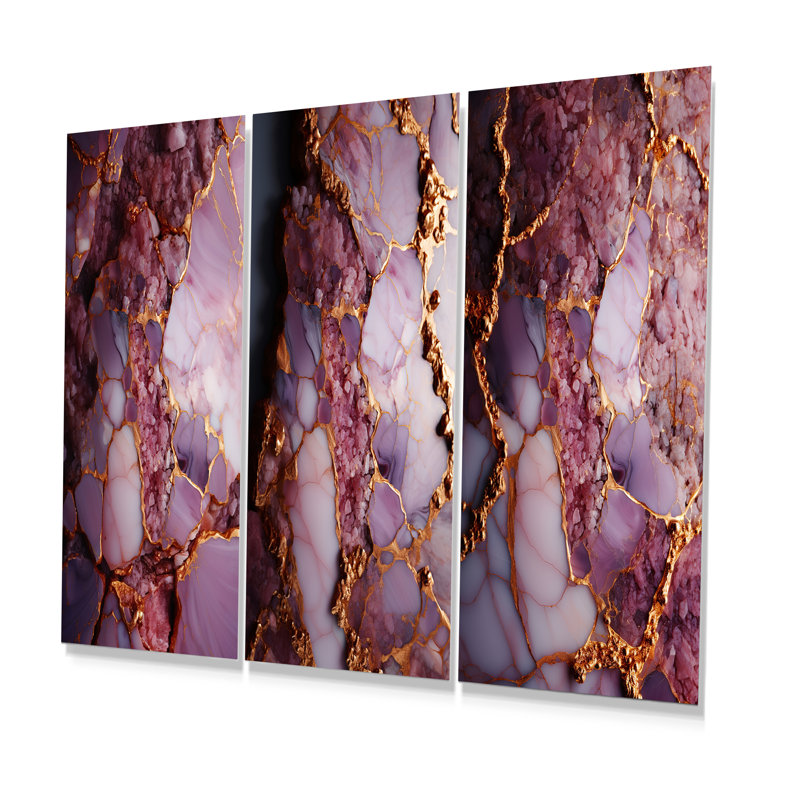 Agate rose et marbre rose I - ensemble d'art mural abstrait en métal de 3, H 32 po x l 48 po