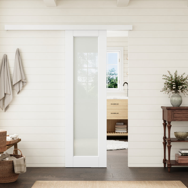 Porte vitrée pleine lumière blanche de 61 x 203 cm (24 po x 80 po) avec système de rail dissimulé, idéale pour un garde-manger ou une chambre.
