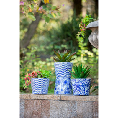 Jardinière en terre cuite, bleu blanc vieilli