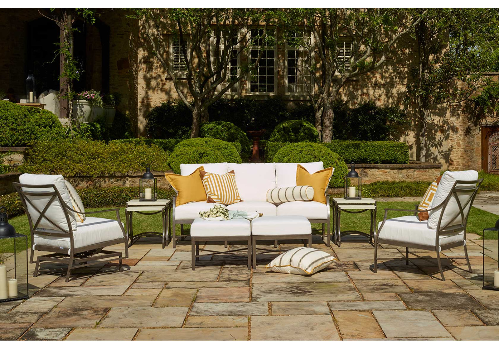 Monaco Wrought Aluminum Sloping Arms Outdoor Sofa, Dove Sunbrella® Linen, Slate Gray, No Welt