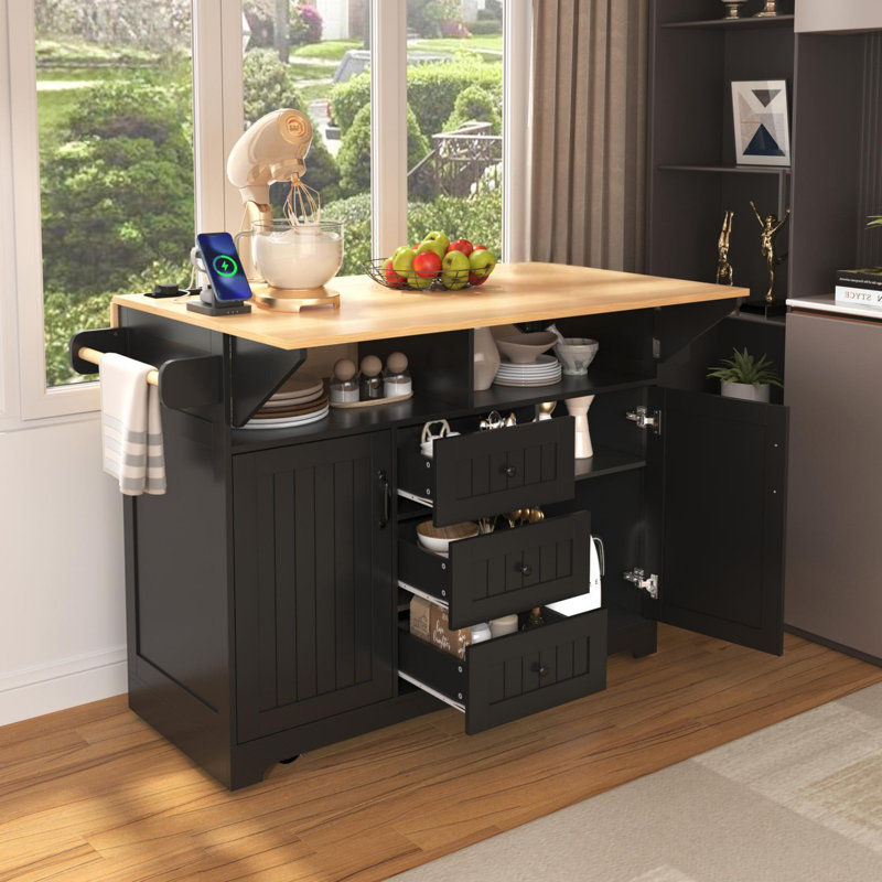 55.7" Large Kitchen Island With 2 Drop Leaf, Black
