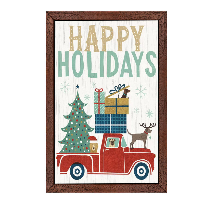 Happy Holidays II 1 Piece Floater Frame Wall Art on Canvas, Brown Framed