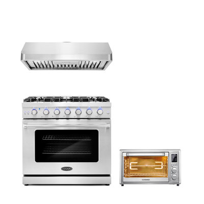 3 Piece Kitchen Appliance Package with 36"" Freestanding Gas Range 36"" Under Cabinet Range Hood & 20"" Electric Air Fryer Toaster Oven -  Cosmo, COS-3PKG-252