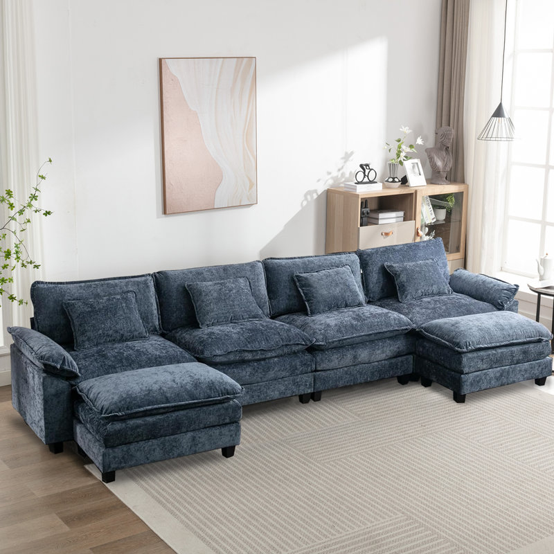 Canapé modulaire rembourré 6 pièces avec méridienne amovible, Chenille bleu
