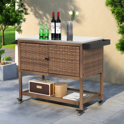 Outdoor Rolling Wicker Bar Cart With Stainless Steel Table Top, Storage Cabinet, Open Storage Space And Towel Rack