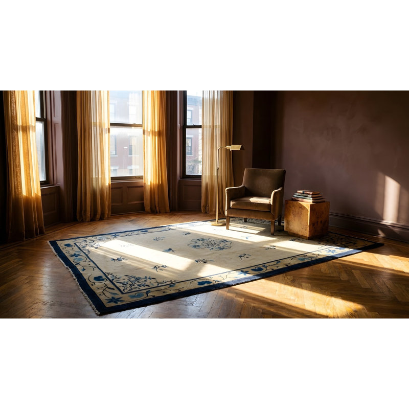 Antique Peking Hallway Runner Wool Blue, Ivory Beige Cream White Rug