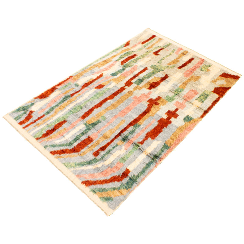 Tapis décoratif en laine noué à la main de conception unique noué à la main New Age de 6 pi 4 po x 9 pi 2 po jaune clair/orange