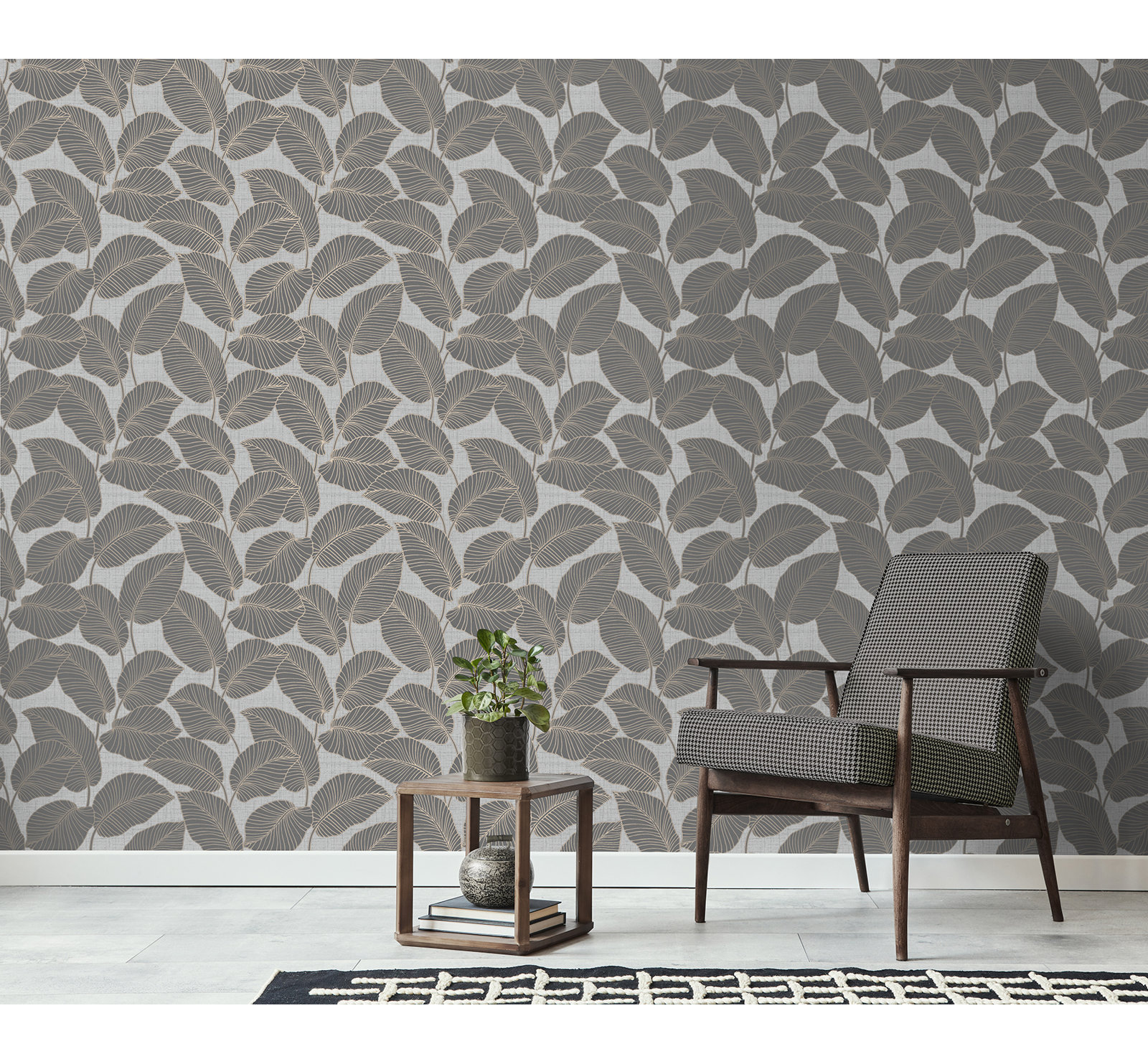 Omena Modern Leaves Wallpaper, Gray