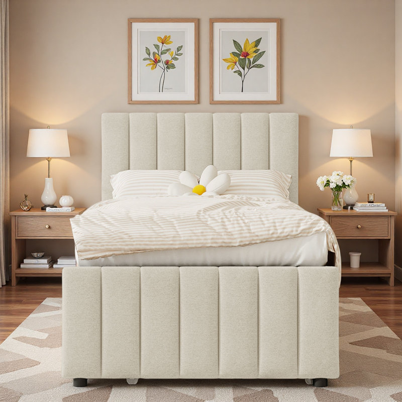 Lit plateforme tapissier avec lit gigogne et 3 tiroirs, Beige