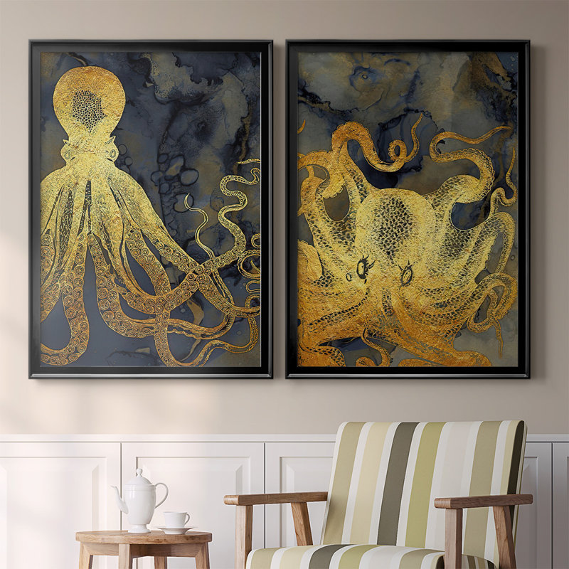 Octopus Ink Gold & Blue I - ensemble de 2 reproductions d'art sur toile encadrées, Noir, H 30,5 po x l 45 po x P 1,25 po