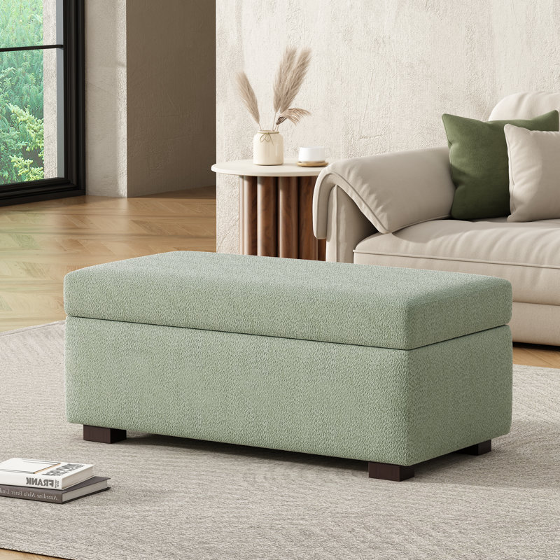 Kohen Rectangle Upholstered Storage Ottoman With Wooden Legs, Light Green Chenille