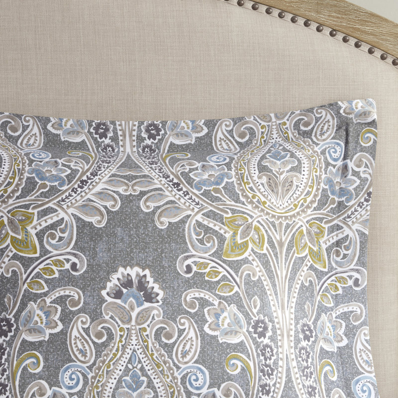6 Piece Cotton Comforter Set Grey, Queen Comforter + 2 Shams + 2 Pillows
