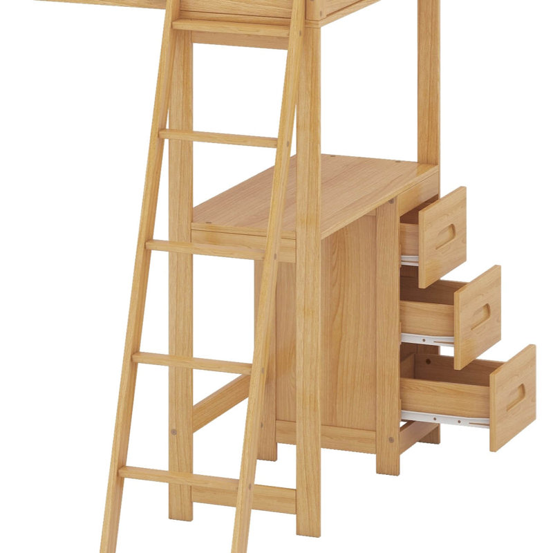 Lit simple superposé au dessus d'un lit double avec bureau et tiroirs, Naturel