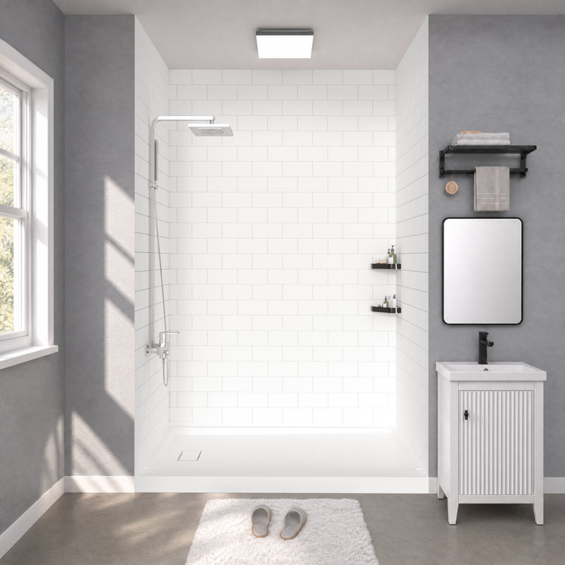 60'' W 32'' D 96'' H Matte White Solid Surface Shower Wall Panel Surround, Quick Install & Cuttable, 0.197" thick