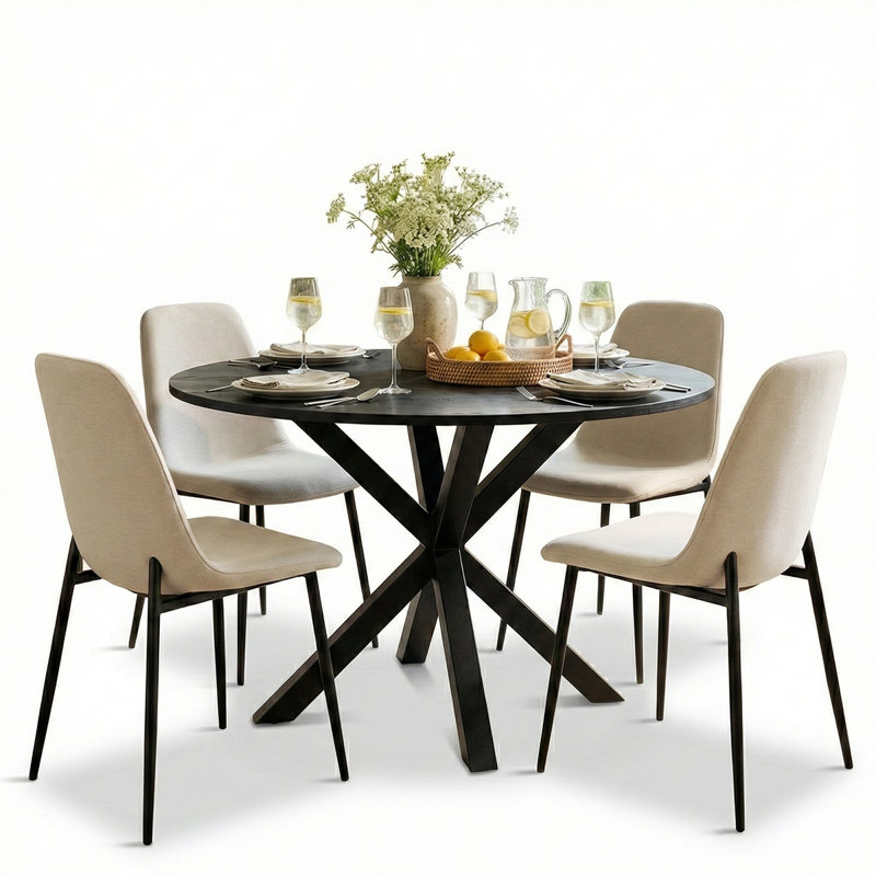 Folmar 4 - Person Dining Table Sets With 39.5'' Round Table & 4 Upholstered Chenille Chairs, Beige