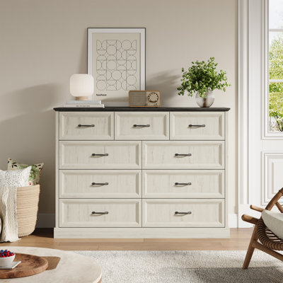 Hava 55.1"w Farmhouse 9 Drawer Dresser, Wood Chest Of Drawers With Anti-tip Design For Bedroom