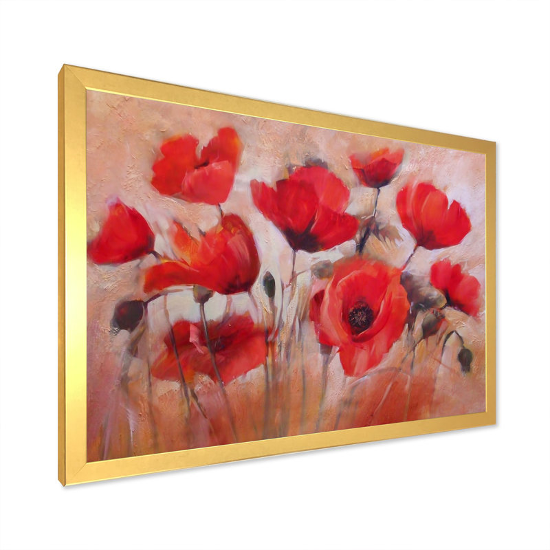 Red Blooming Poppies V - reproduction de cadre flottant sur toile, H 8 po x l 12 po x P 1 po, Cadre doré