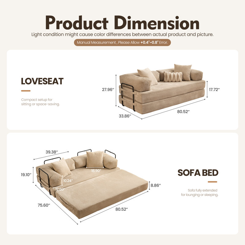 80.5'' Mordern Convertible Sleeper Sofa Corduroy Loveseat Sofa Bed, Foldable Floor Couch, Beige