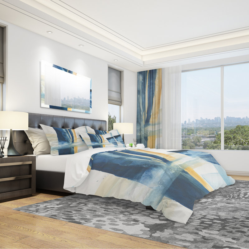 Indigo Panel IV - Glam Modern Duvet Cover Set - Microfiber Polyester, King Duvet Cover + 2 Shams