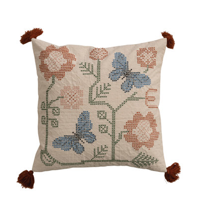 Cotton Dobby Pillow with Embroidered Flowers, Butterflies & Tassels
